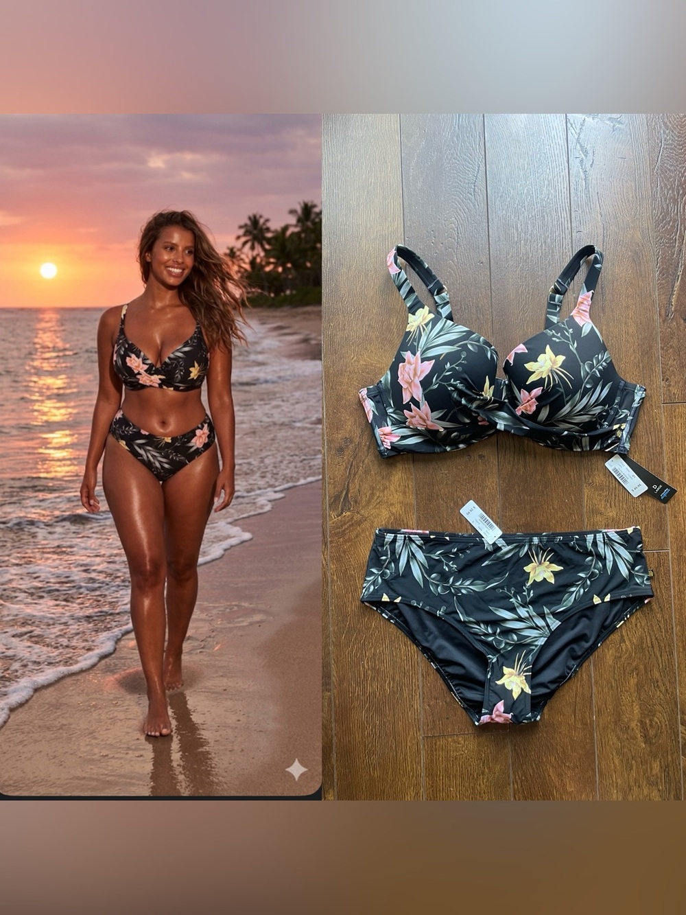 NWT Large Plunge Tropical Bikini Bathing Swimsuit Padded Boning and Back. D-Cup